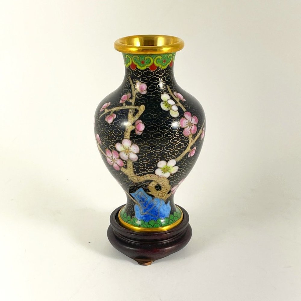 VASE CLOISONNE Excellent Condition, Vintage 4" Enamel & Copper & Rosewood Stand